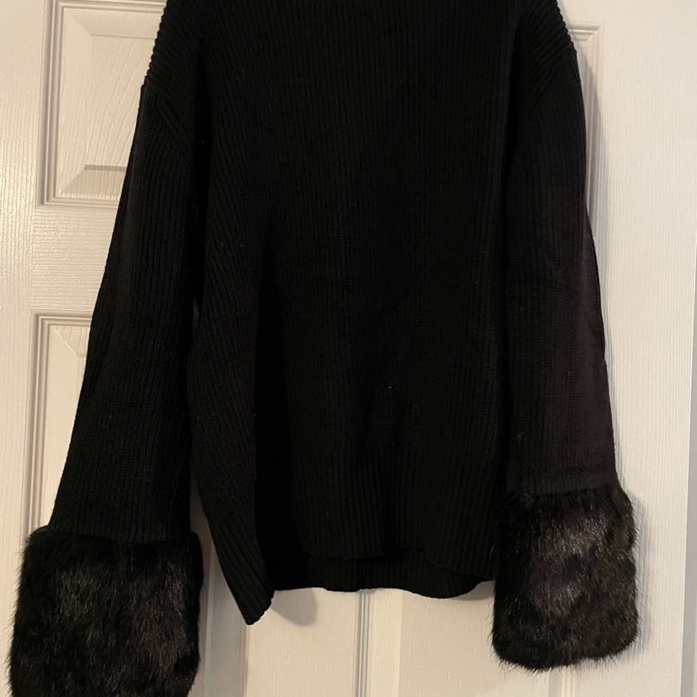 Stella + Lorenzo Black Sweater with Faux Fur Cuffs